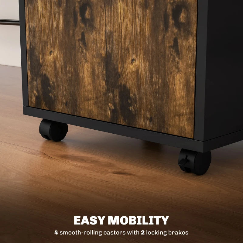 60cm Rustic Brown Filing Cabinet with Drawer & Open Shelf, Mobile Office Organizer on 4 Wheels, Metal Handles