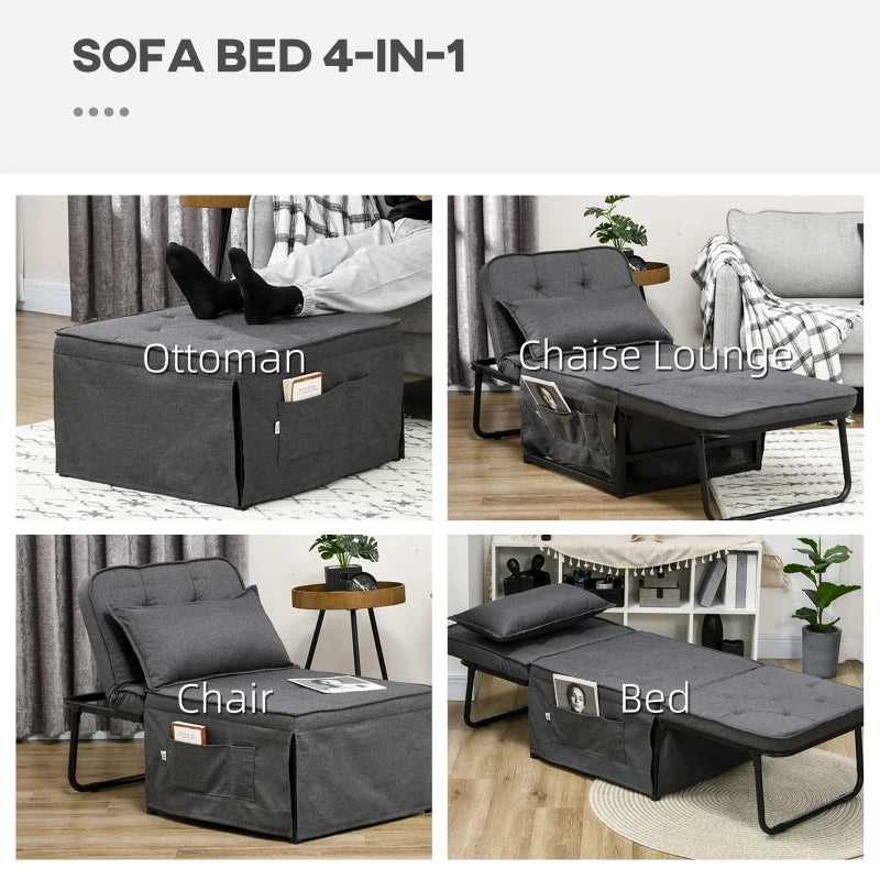Adjustable Backrest Folding Sleeper Chair Bed with Pillow and Side Pockets for Living Room, Charcoal Grey