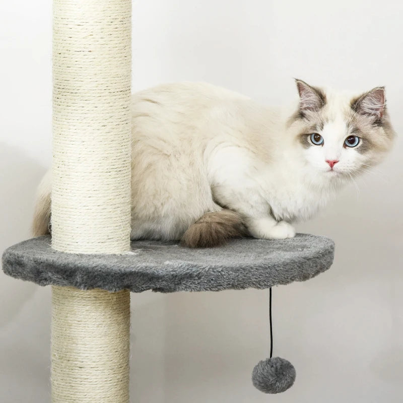 Light Grey Floor to Ceiling Cat Tree - Multi-Layer Condo & Activity Center for Indoor Cats with Scratching Post & Hanging Balls