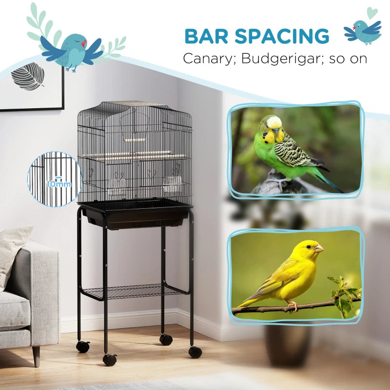 Bird Cage for Budgies Finches and Parakeets with Stand Wheels and Slide-out Tray Storage Shelf Black
