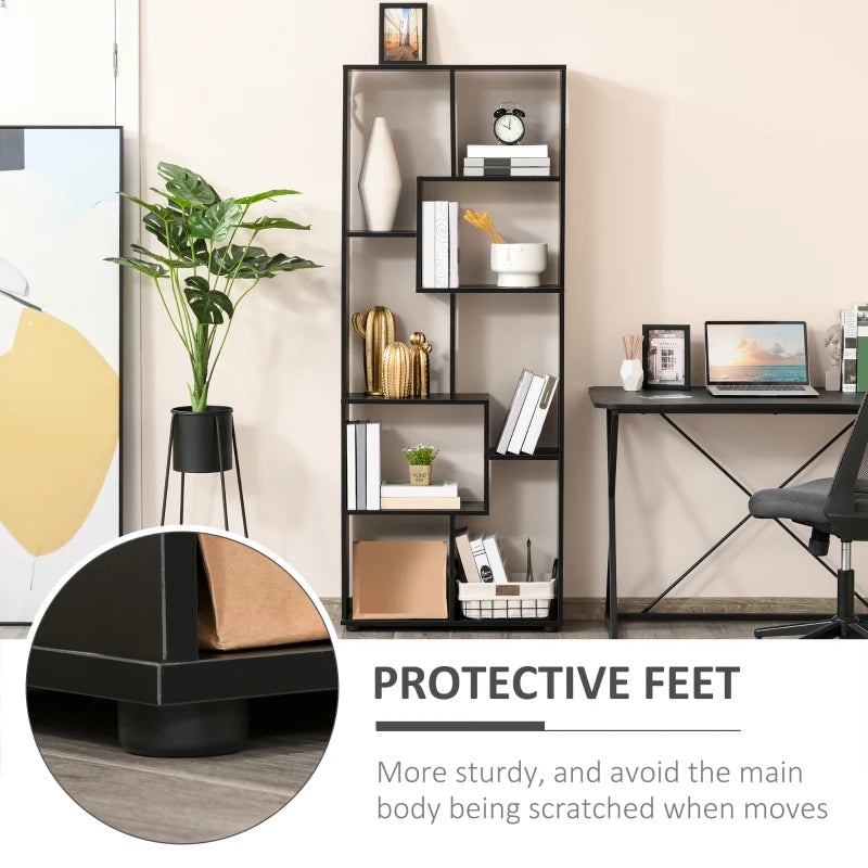 8 Tier Freestanding Bookcase Melamine Surface Anti Tipping Foot Pads Home Display Storage Grid Stand Bedroom Living Room Furniture Modern Black