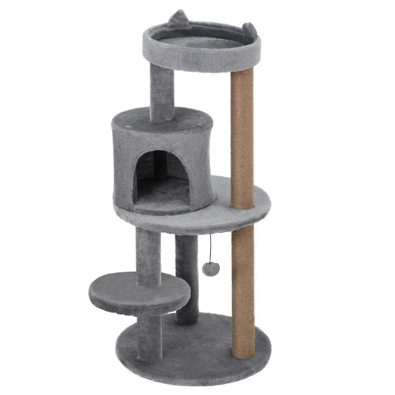 104 cm Grey Cat Tree Condo Tower - Activity Centre with Scratching Posts, Plush Perch & Hanging Ball for Cats