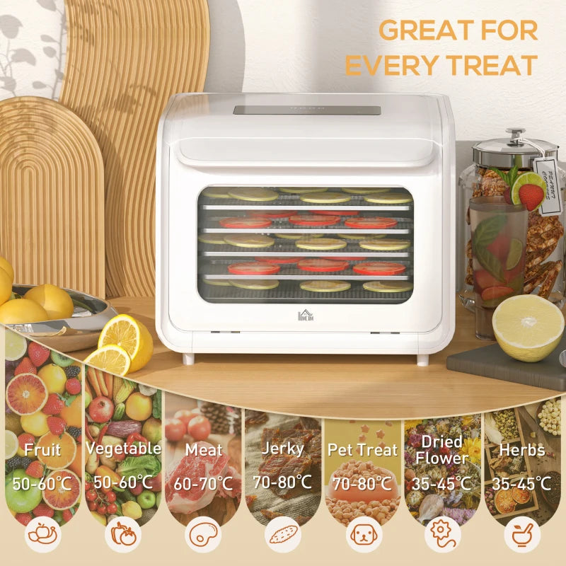Premium 35-70°C Six-Tray Food Dehydrator - White | Perfect for Healthy Snacks, Jerky, Fruits & Vegetables