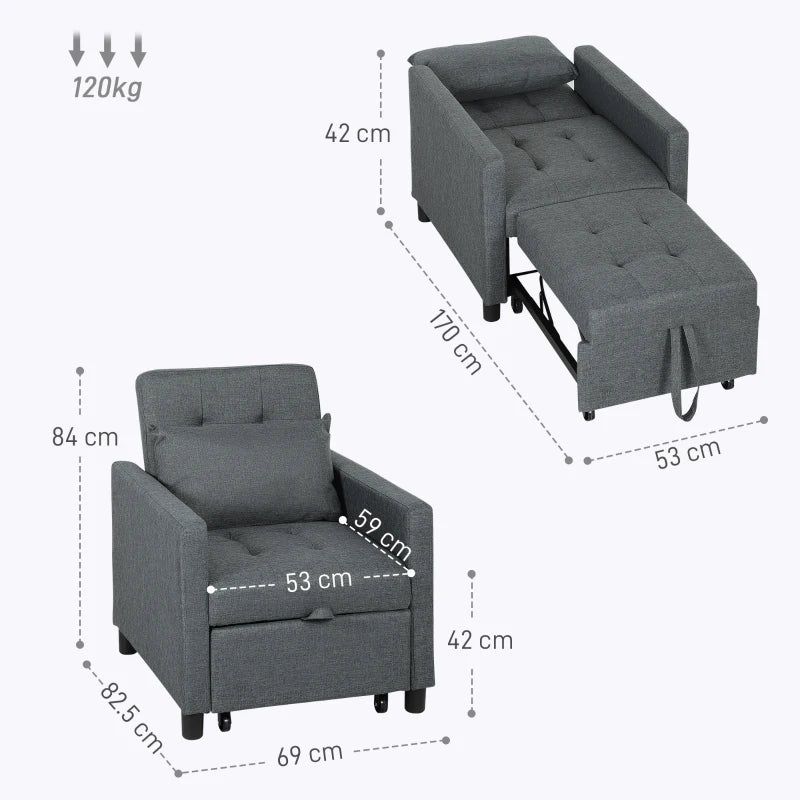 Convertible 3-in-1 Chair Bed with Adjustable Backrest, Pillow and Footrest for Living Room in Dark Grey