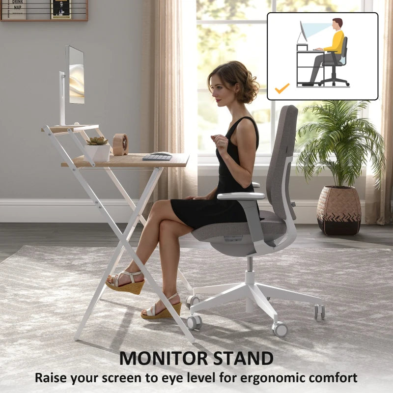 81.5 cm Folding Computer Desk with Monitor Shelf - Stylish Natural Wood Finish for Home Office & Study