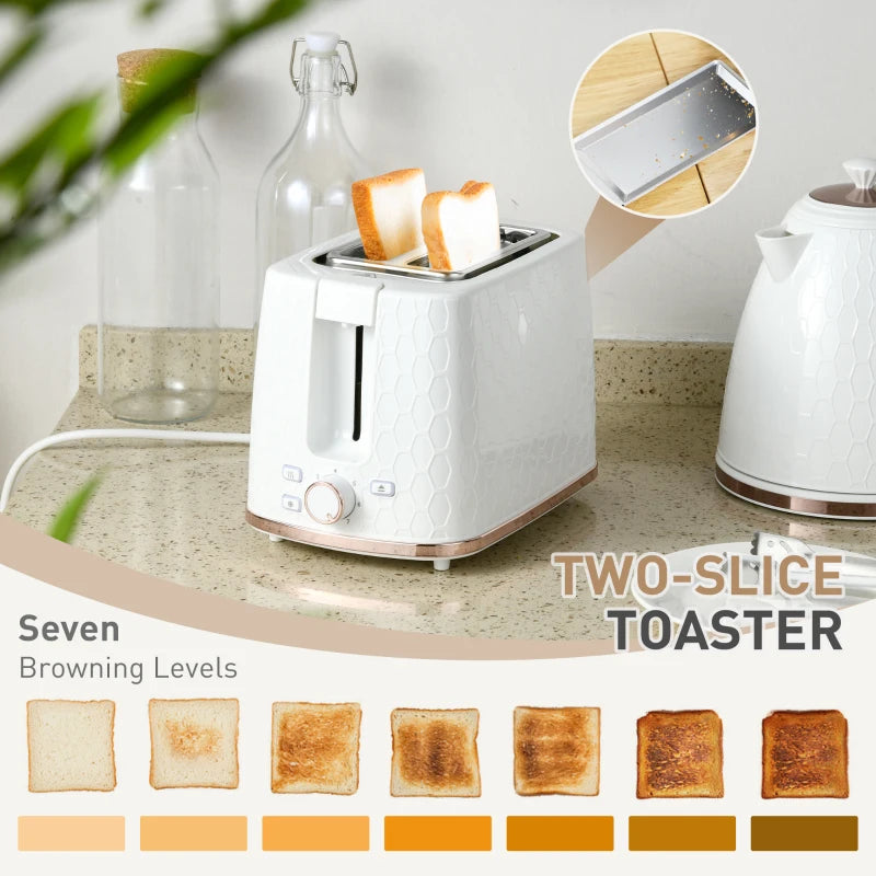 1.7L 3000W Fast Boil Kettle & 2 Slice Toaster Set - Auto Shut Off, Browning Controls, Stylish White Finish