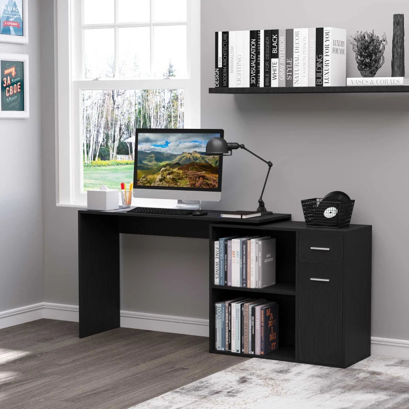 L-Shaped Corner Computer Desk with Storage Shelf & Drawer - Adjustable Black Wood Grain Workstation for Home Office