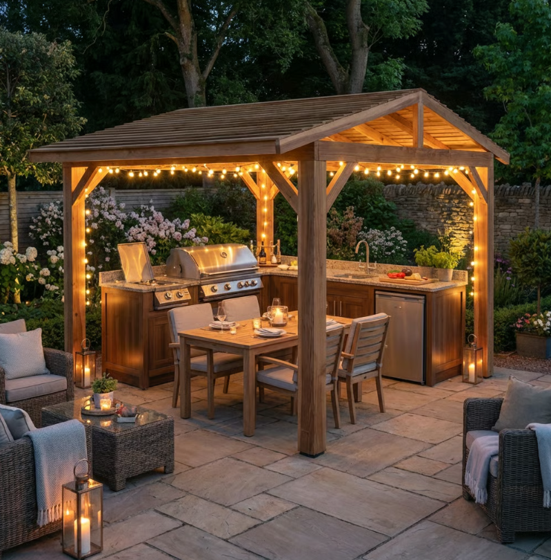 Ruby Planed Cedar Pergola with Cedar Featheredge Roof – No Overhang Design