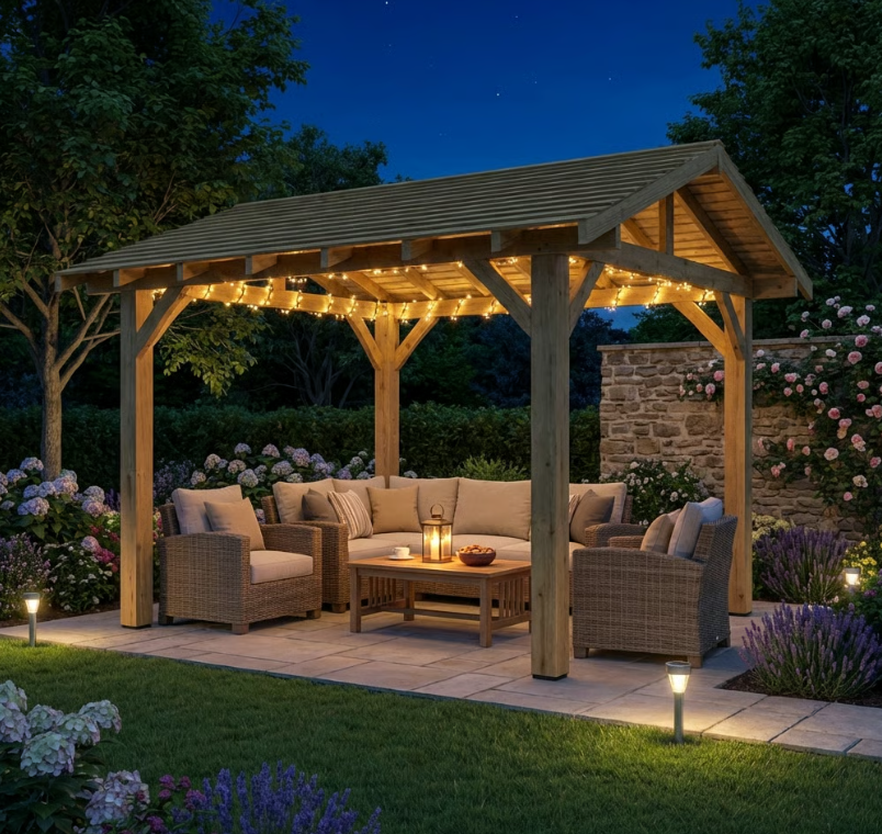 Ruby Wooden Apex Gazebo with Cedar Featheredge Roof – With Overhang Design