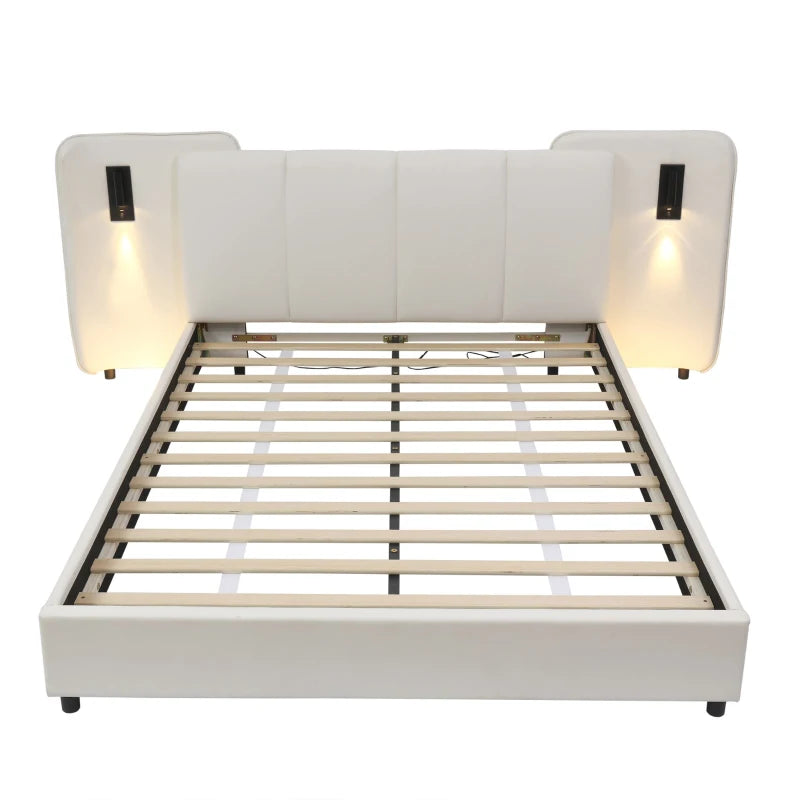 Upholstered Double Bed with Charging Port & Lighting, Impact-Resistant Headboard, 209x221x86.5 cm, Beige - Modern Bedroom Furniture