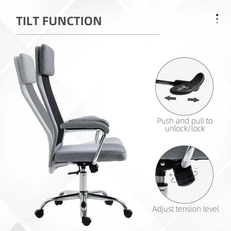 Vinsetto Ergonomic Office Chair - High Back Desk Chair with Adjustable Height, Swivel Wheels, Mesh Back & Linen-Feel Seat, Grey