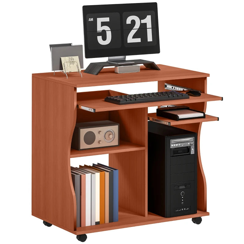 Multi-Storage Compact Work Desk on Wheels - Cherry Wood Finish, Space-Saving Home Office Furniture