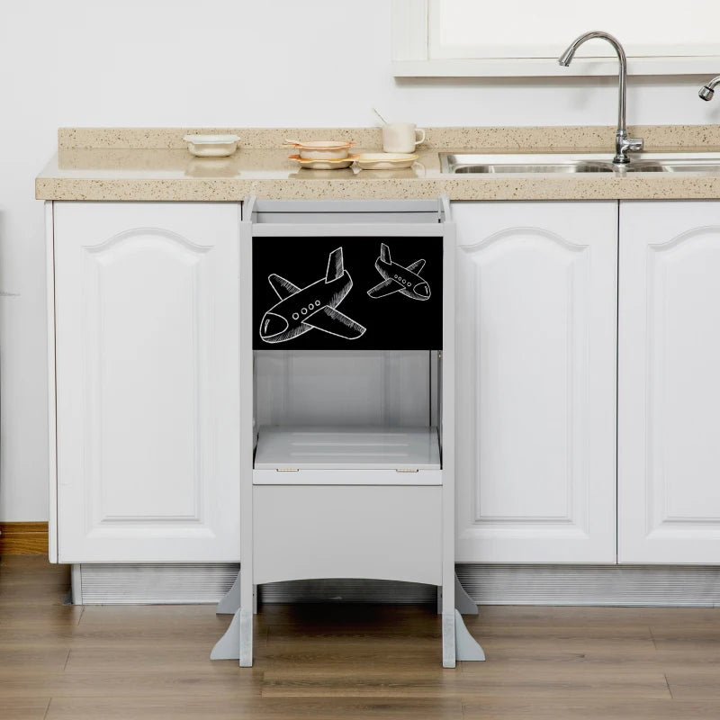 Kids Step Stool with Blackboard & Lockable Handrail - Toddler Kitchen Stool for Safe Counter Access - Grey