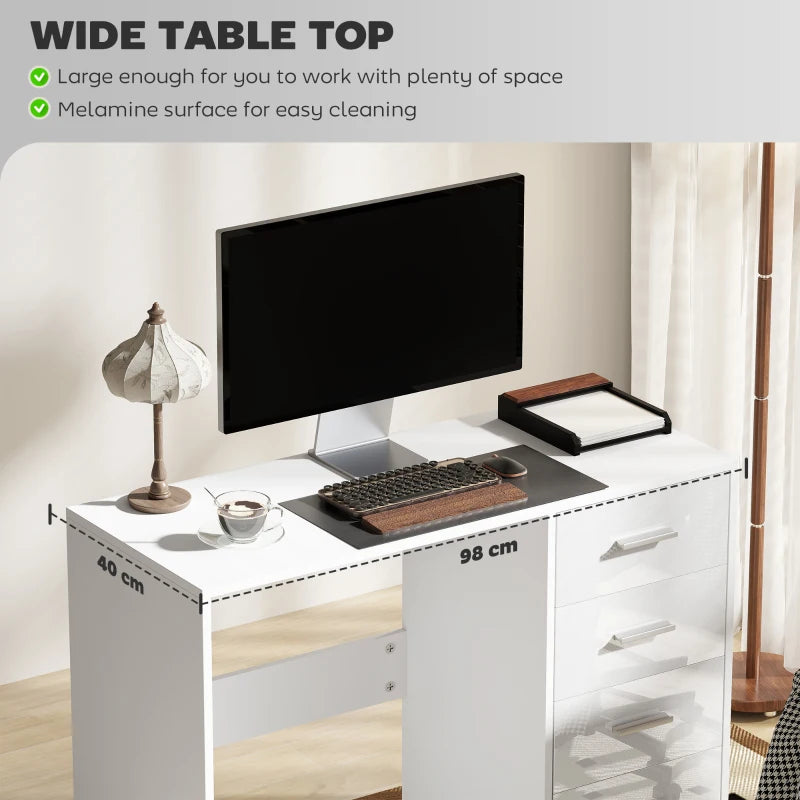 Modern White Computer Desk with Drawers - High Gloss Home Office Writing Workstation & Stylish Dressing Table
