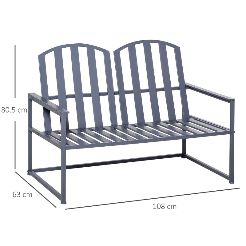 Grey Steel Outdoor Garden Bench Loveseat with Slatted Design