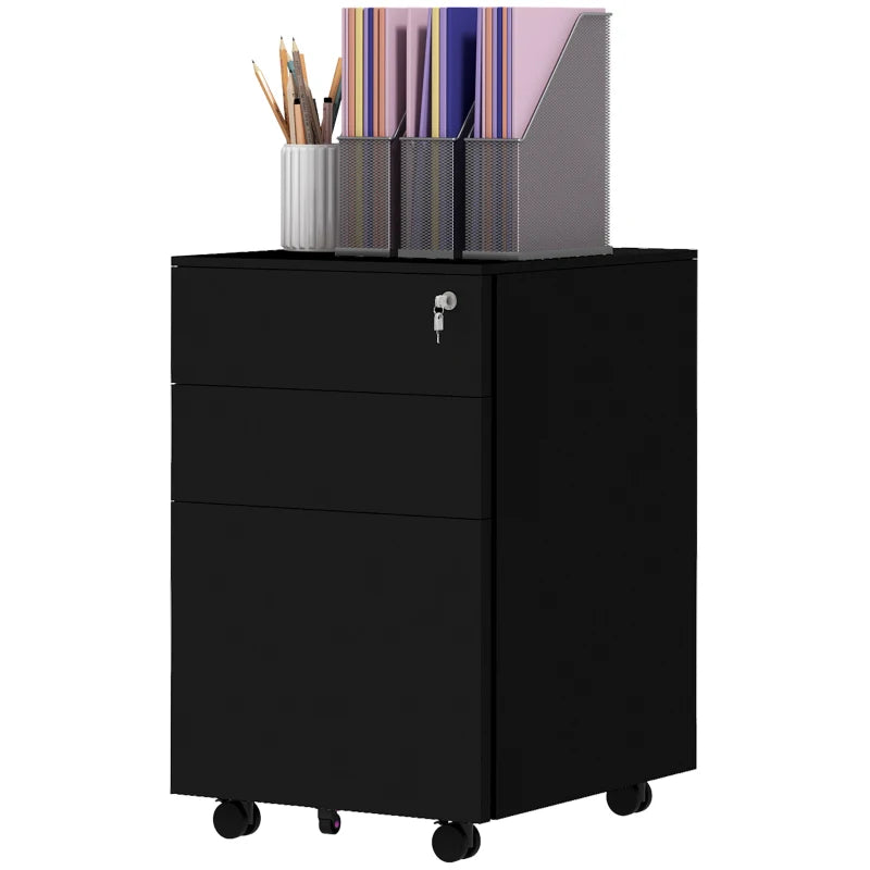 Vinsetto 3-Drawer Vertical Filing Cabinet - Mobile Steel File Cabinet with Lock, Pencil Tray & 5 Wheels, Pre-Assembled, Black