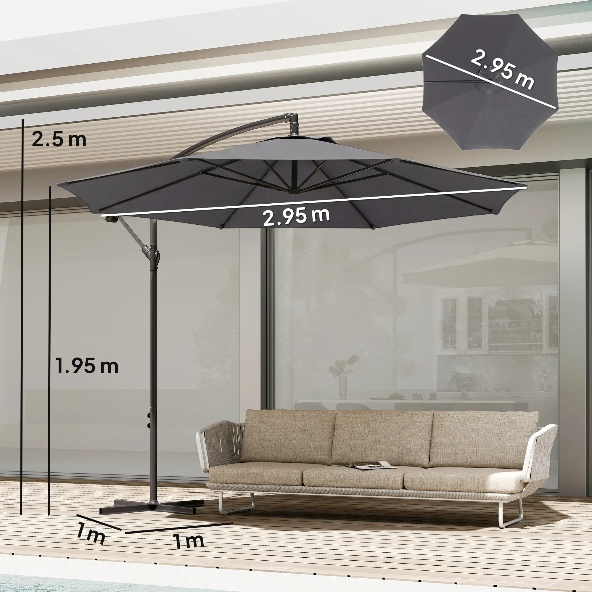 3m Overhang Cantilever Garden Parasol with Steel Frame, 8-Rib Support & Cross Base – Easy Crank Shade Umbrella (Grey)