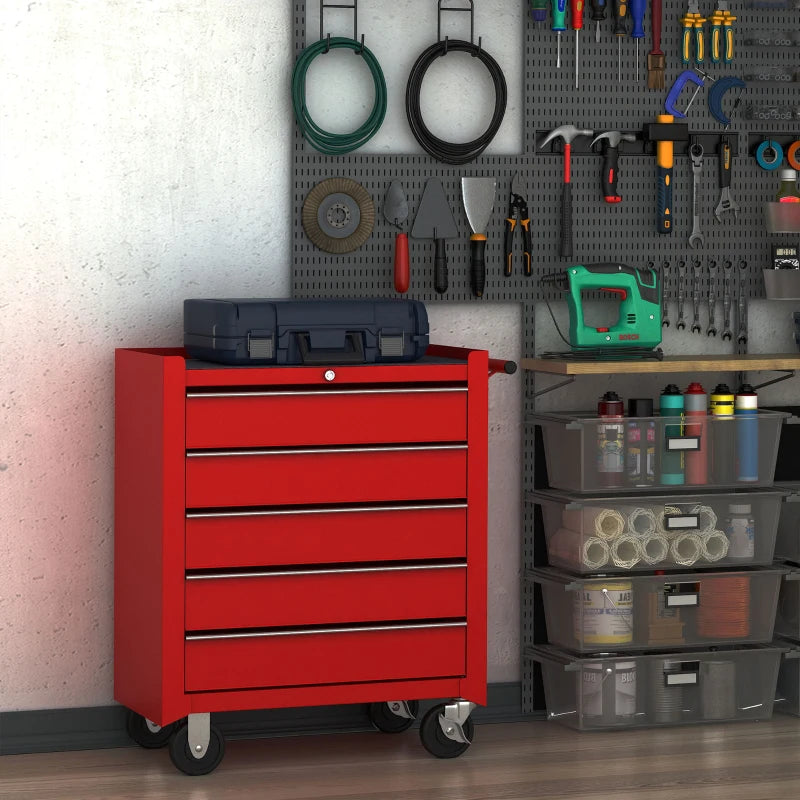 Red Lockable 5 Drawer Tool Chest on Wheels