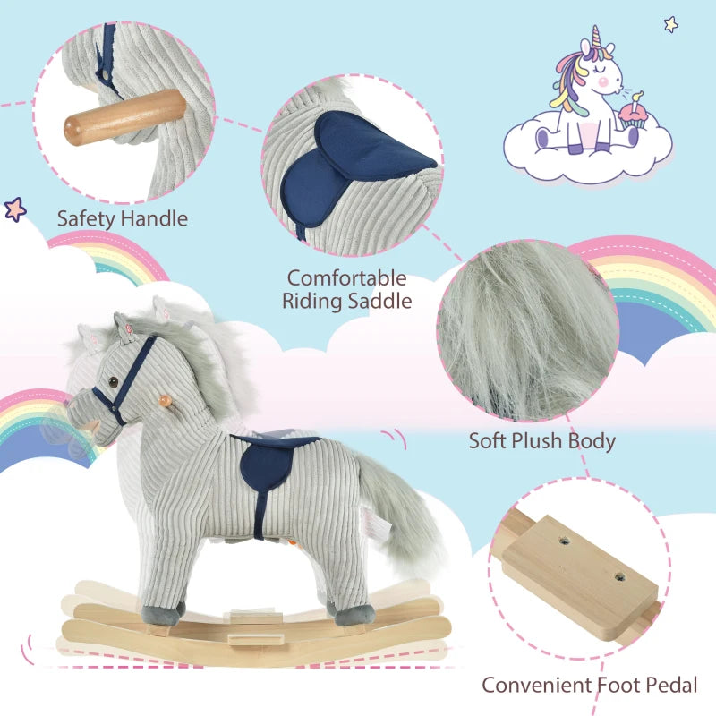 Kids Plush Rocking Horse with Sound - Soft Ride-On Toy for Children Ages 3-6 - Grey Rocker Gift