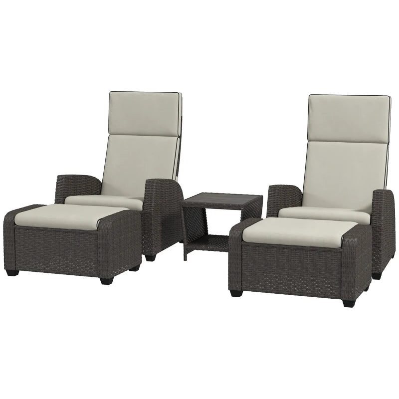 5-Piece Rattan Patio Reclining Chair Set with Footstools, Coffee Table & Cushions - Outdoor Garden Furniture in Brown