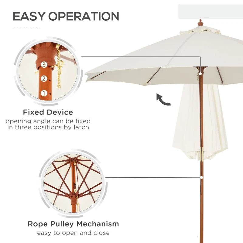 Round Off-White Garden Parasol Umbrella with Wooden Pole