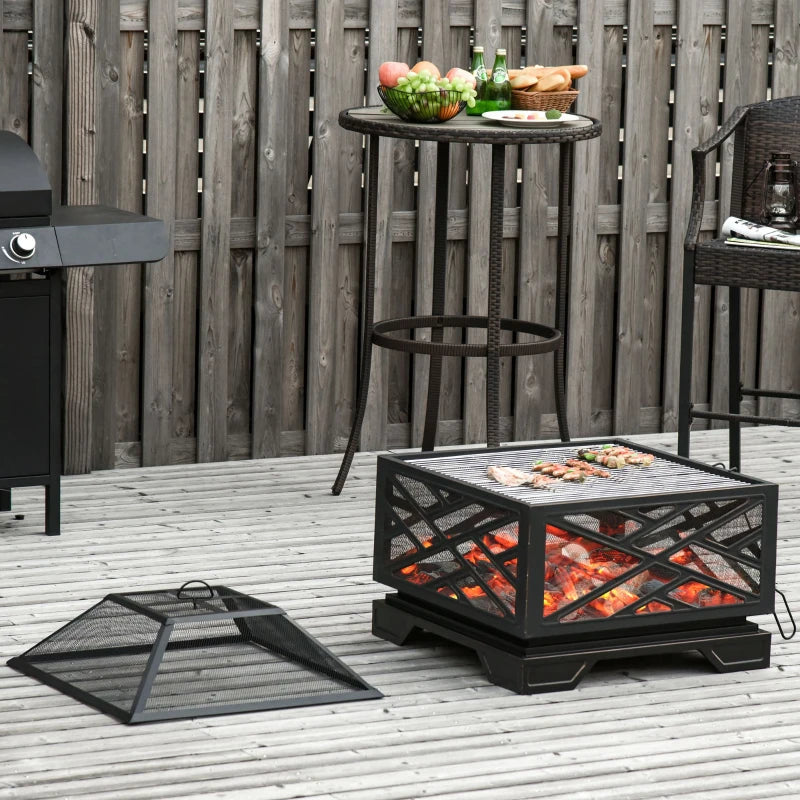 Black Square Fire Pit with Grill Shelf and Lid