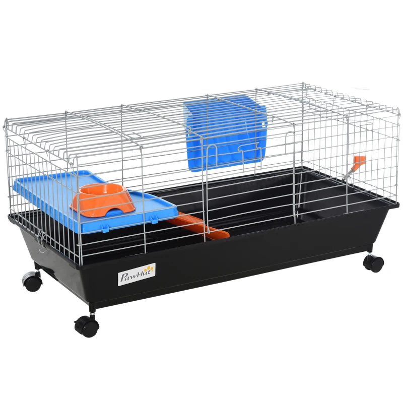 Spacious Small Animal Cage for Rabbits, Guinea Pigs & Chinchillas - Includes Wheels, Water Bottle, Food Dish, Ramp - 89x44x43 cm Black