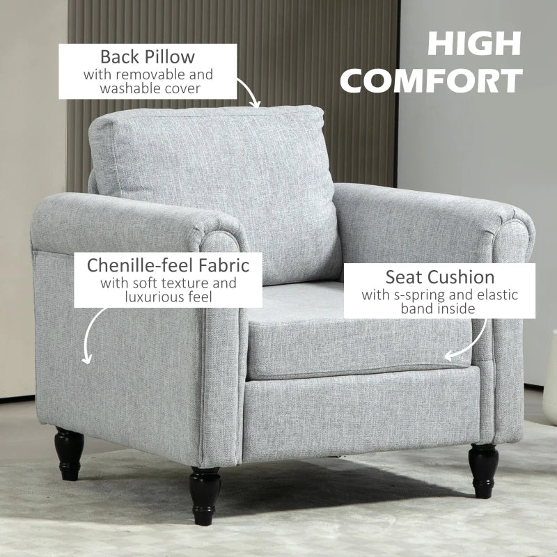 Vintage Upholstered Accent Chair with Back Pillow and Rolled Arms, Light Grey, Rubber Wood Legs