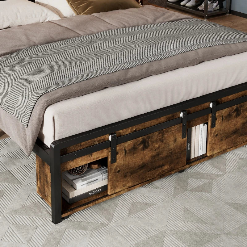 Metal Double Bed with LED Lights & Charging Ports, Storage Base, 209x137.5x114.5 cm, Black & Natural Finish