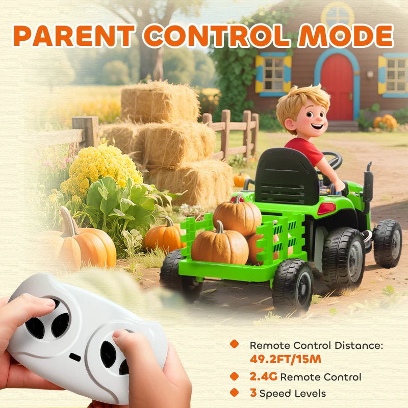 12V Kids Ride on Tractor with Trailer Remote Control Music for Ages 3-8 Green