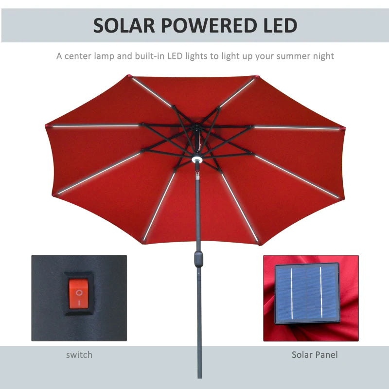 Red Solar LED Garden Parasol - 2.7m Sun Umbrella