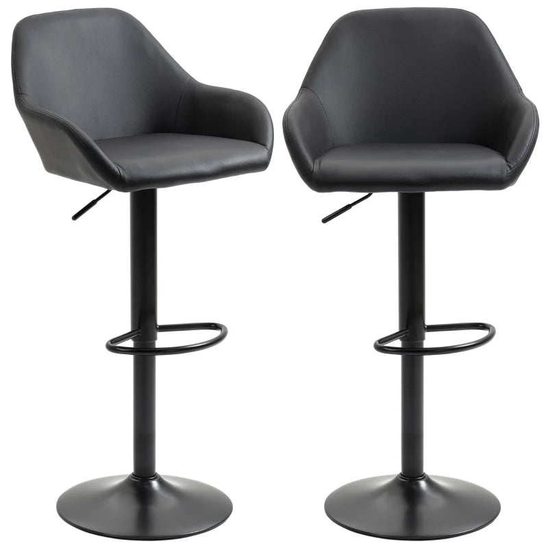 Set of 2 Adjustable Swivel Bar Stools with Backs & Armrests - PU Leather Kitchen Counter Chairs, Black