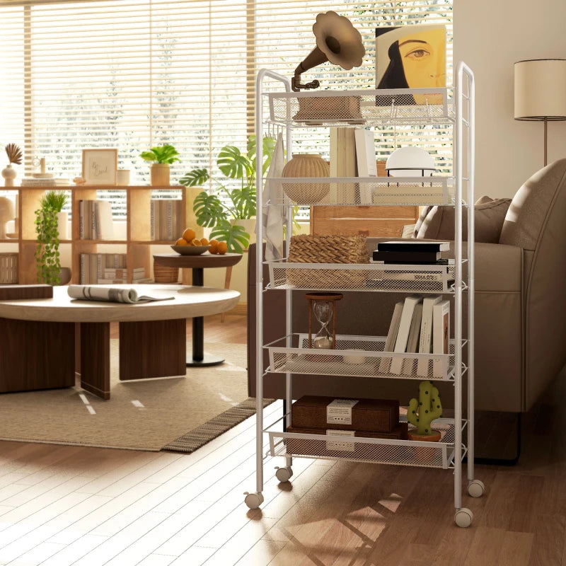 Five-Steel Mesh Storage Trolley with Wheels - Versatile White Basket Organizer for Home, Office, and Kitchen