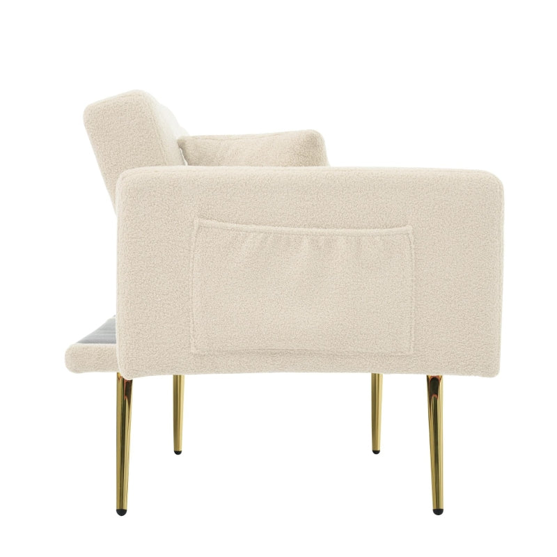 Elegant Beige Convertible Sofa Bed with Adjustable Backrest and Side Pockets, Perfect Loveseat for Bedroom, 176L x 64W x 75H cm