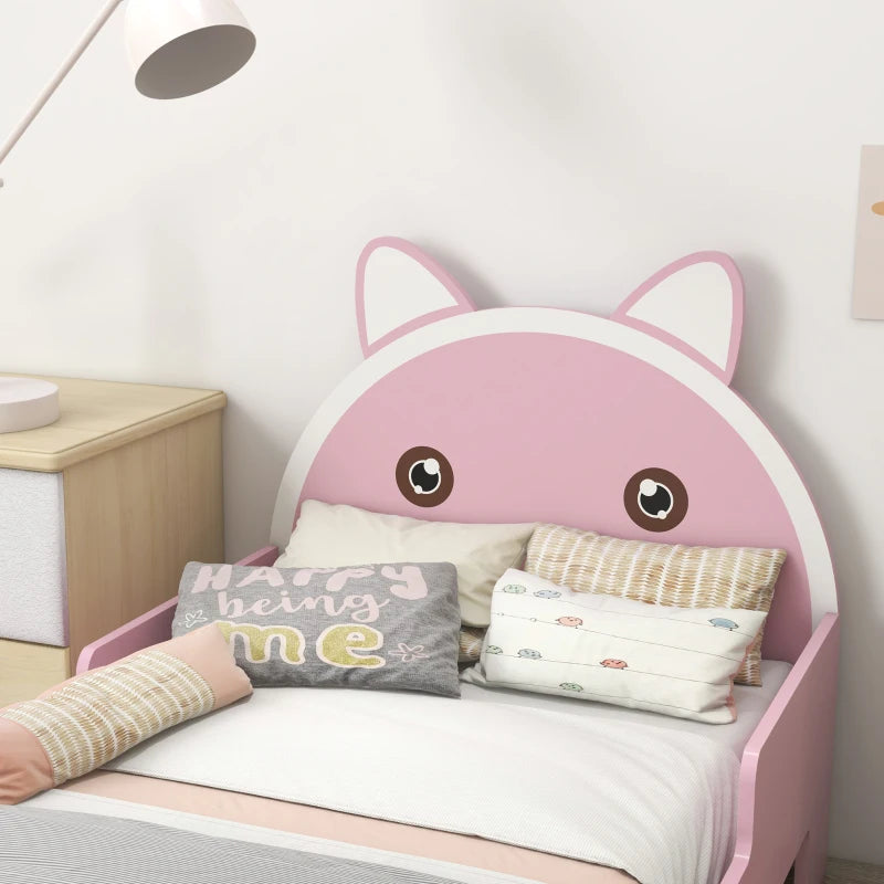 ZONEKIZ Kids Cat Design Toddler Bed Frame with Guardrails - Pink Bedroom Furniture for Ages 3-6, 143x74x72cm