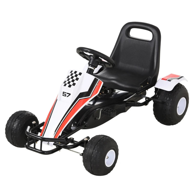 Kids Pedal Go Kart - Manual Ride On Car with Brake, Gears, Adjustable Seat, 4 Smooth Wheels, Racing-Style White 104x66x57 cm