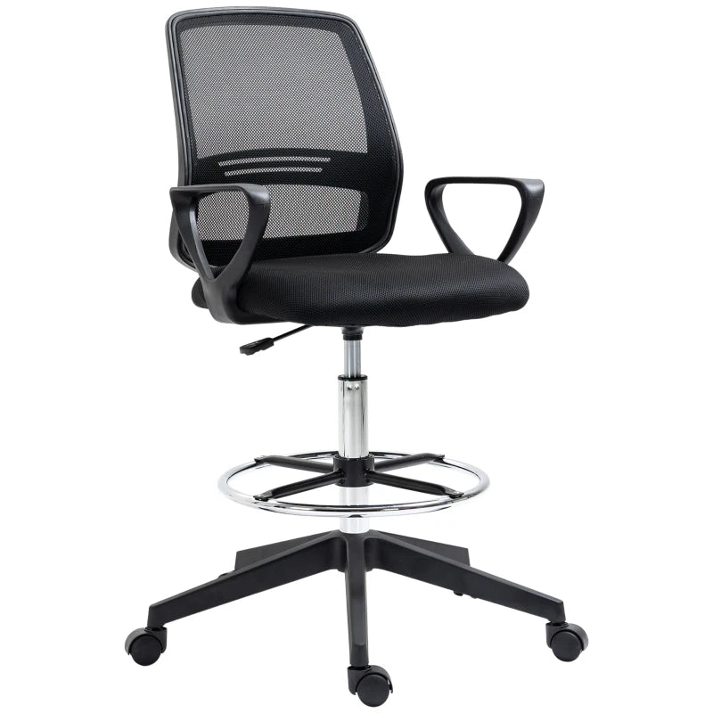 Vinsetto Ergonomic Drafting Chair - Adjustable Height, Mesh Back, Lumbar Support, Swivel Wheels, Ideal for Standing Desks - Black