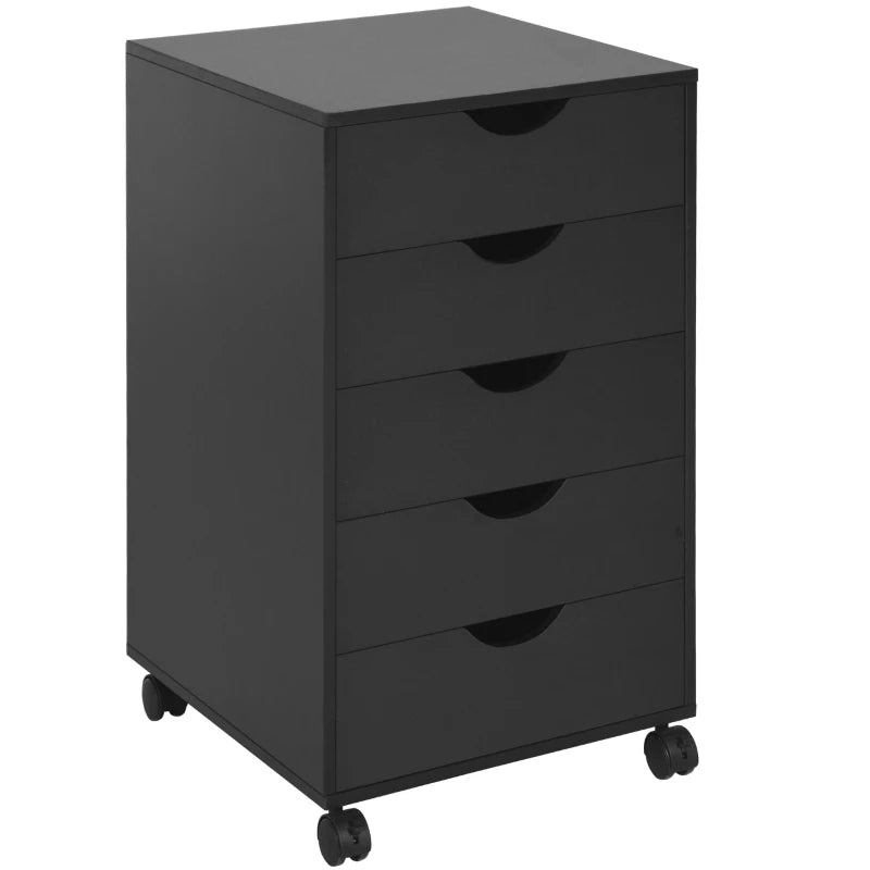Modern 5 Drawer Mobile Filing Cabinet - Vertical Office Storage Organizer, Rolling Cupboard in Black for Efficient Workspace
