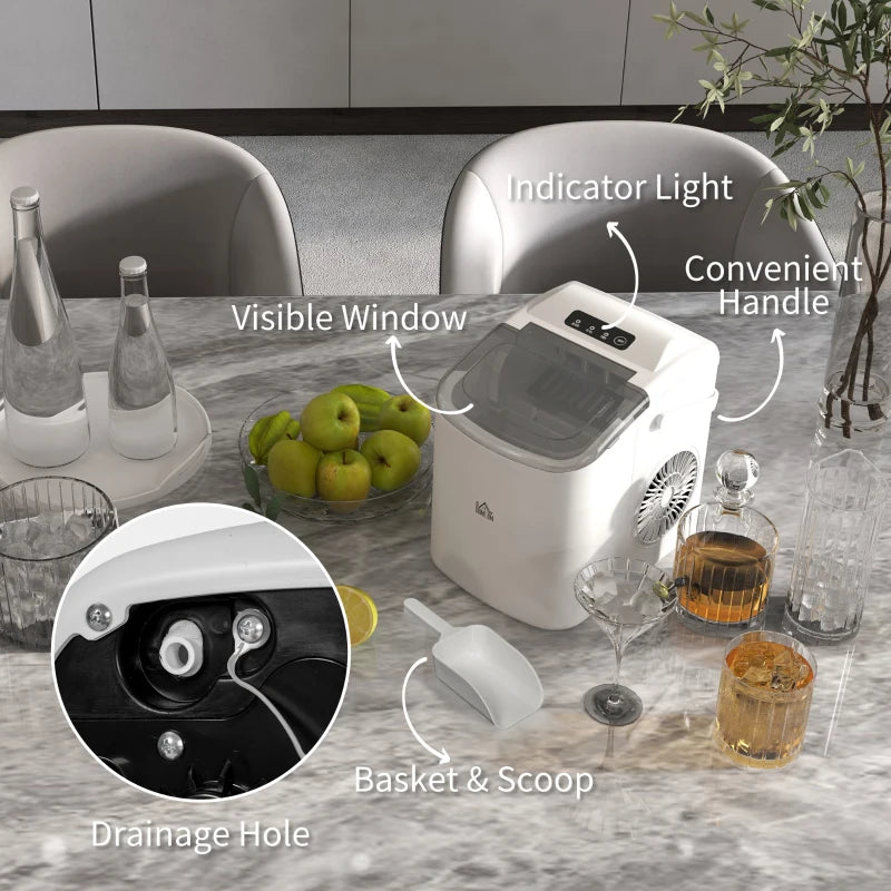Portable Ice Maker Machine - 12Kg Daily, 9 Cubes in 6-12 Mins, Countertop Ice Cube Maker with Scoop & Basket - White