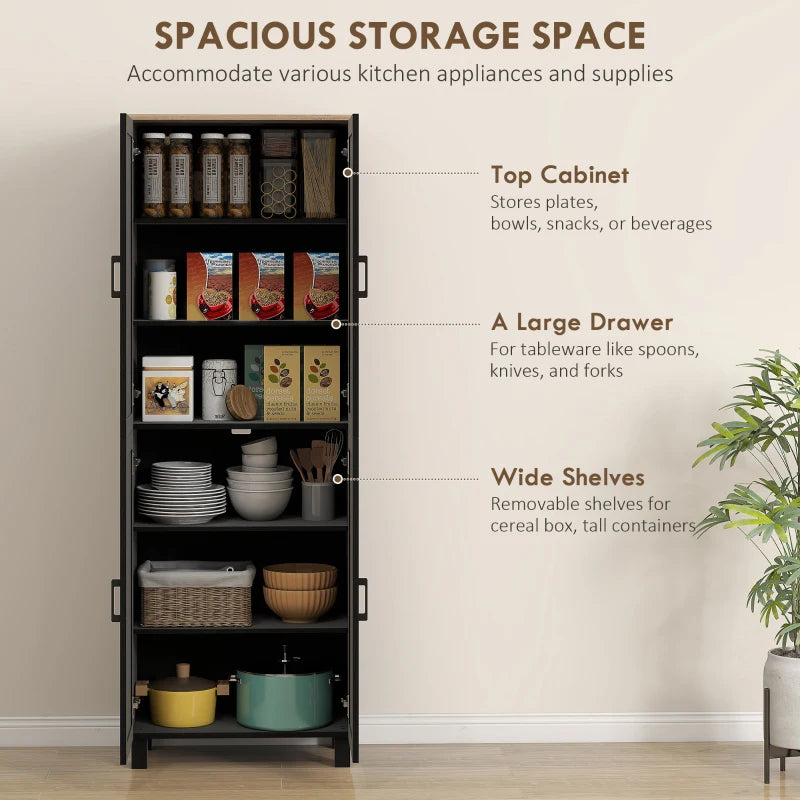 Modern 4-Door Freestanding Kitchen Cupboard - Adjustable Shelves Storage Cabinet, 170cm Black Pantry for Dining Room