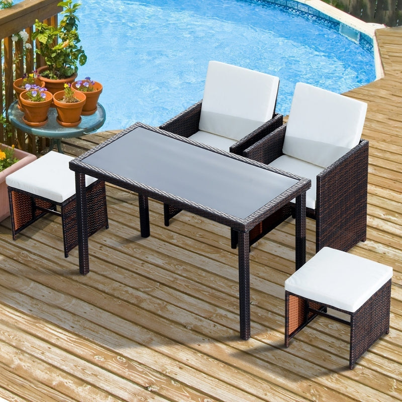 5-Piece Brown Rattan Garden Furniture Set with Dining Table and Cushioned Chairs