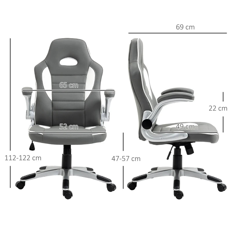 Vinsetto Grey Gaming Chair - PU Leather Office Desk Swivel Chair with Adjustable Height, 90° Flip-up Armrests & Rolling Wheels