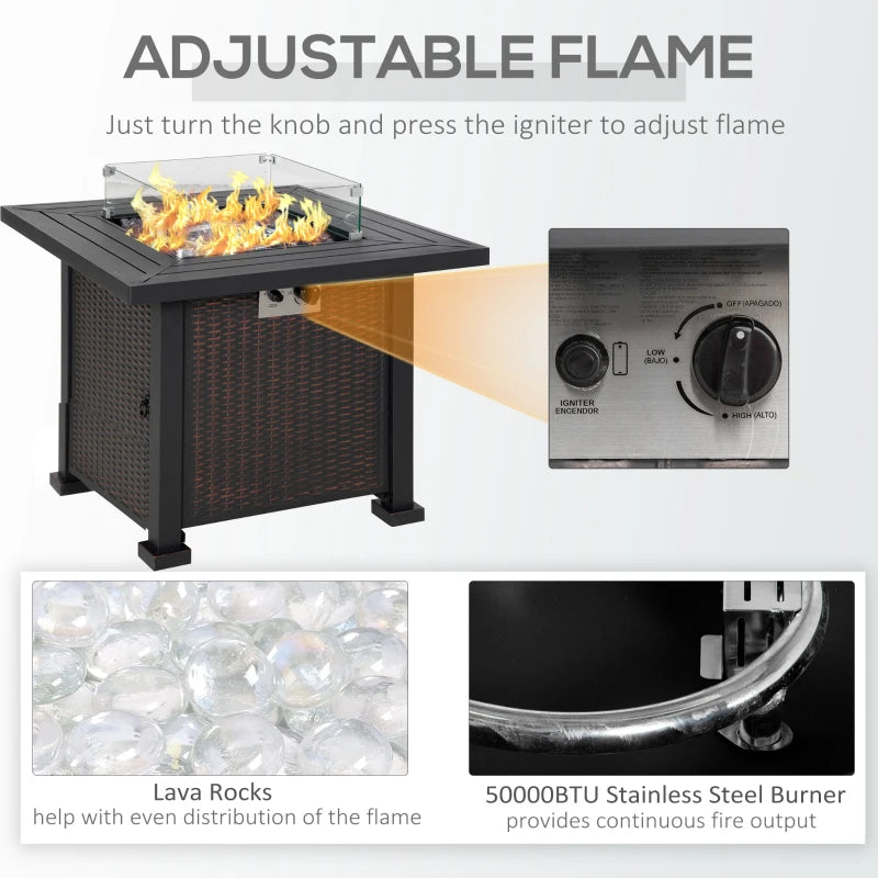 Square Propane Gas Fire Pit Table 50000 BTU - Smokeless Rattan Patio Heater with Glass Screen & Beads, 81cm Black