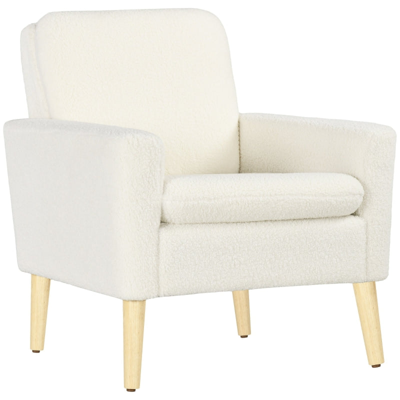 Upholstered Accent Armchair with Wooden Legs and Wide Padded Seat in Cream White, Teddy Fabric Occasional Chair
