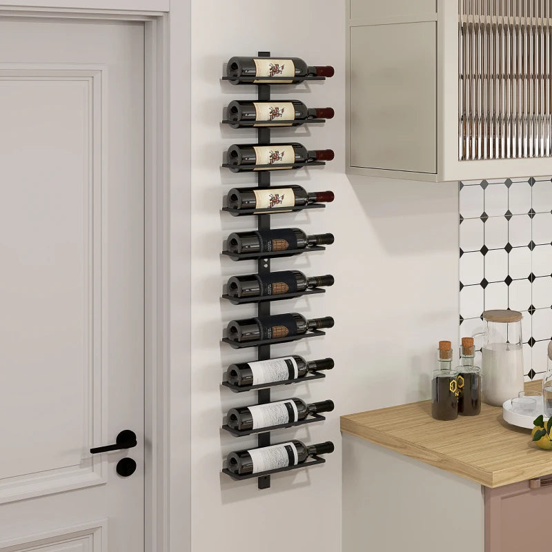 10-Tier Wall Mount Wine Rack - Steel Wine Bottle Holder for Kitchen, Dining Room & Home Bar - Black Display Rack