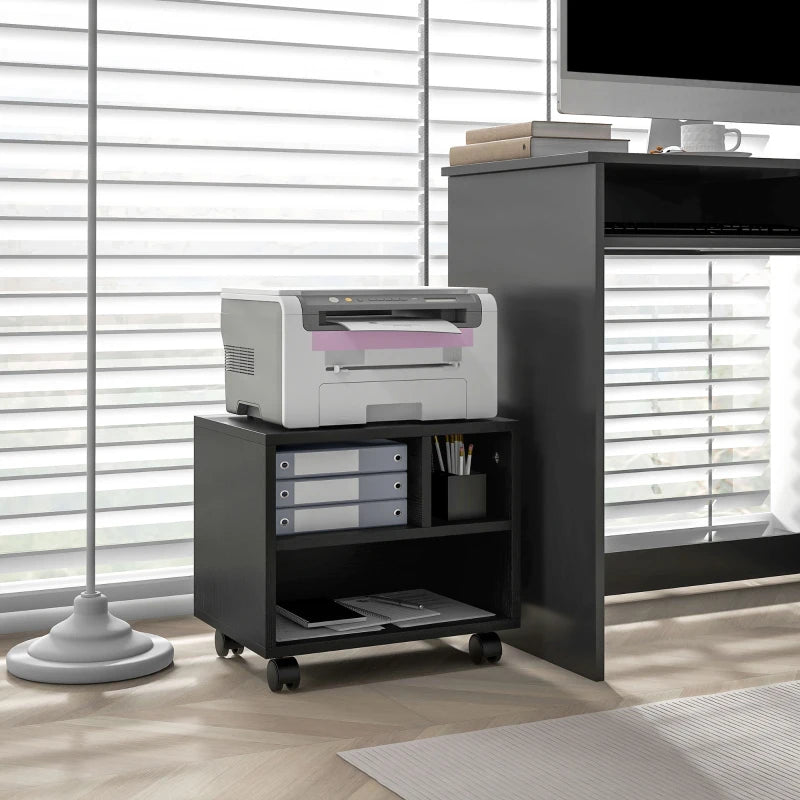 Black Three-Compartment Printer Cabinet on Wheels - Stylish & Functional Storage Solution for Home Office or Workspace