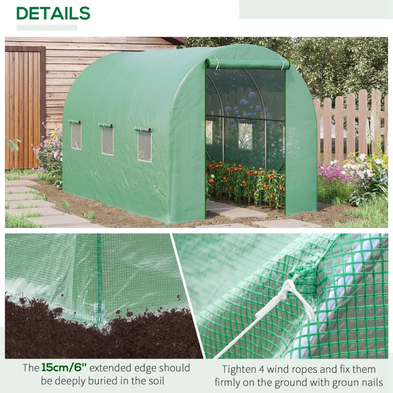 Green Walk-In Polytunnel Greenhouse, Steel Frame, PE Cover, Roll-Up Door, 6 Windows