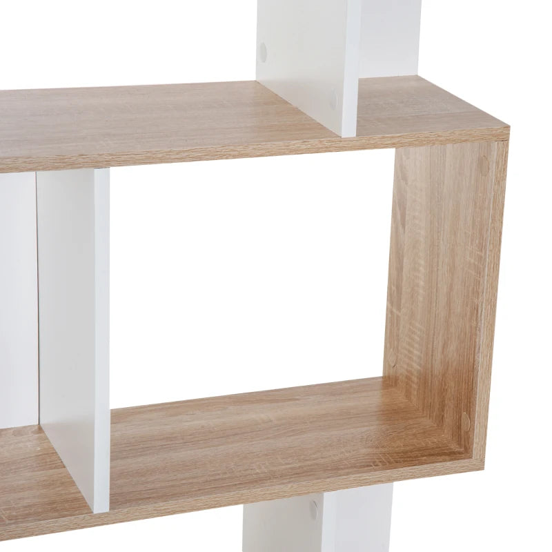 S-Shaped Wooden Bookcase - 5/6 Tier Freestanding Oak & White Bookshelf for Home Office Storage & Display, 24D x 60W x 184.5H