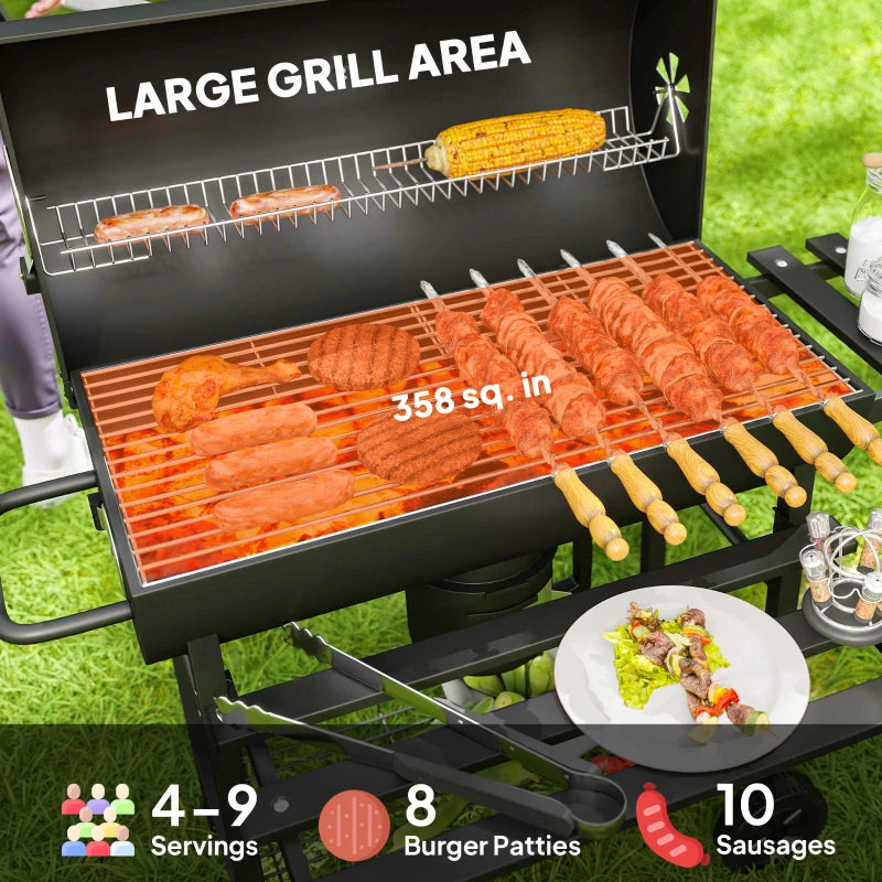 Portable Charcoal BBQ Grill with Foldable Shelf, Smoker, Temperature Gauge, Wheels for Outdoor Cooking
