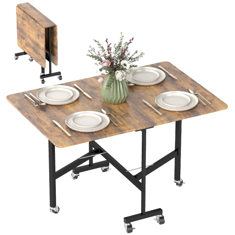 Versatile Six-Seater Drop-Leaf Dining Table on Wheels - Stylish Brown Wood-Effect for Space-Saving Dining Solutions